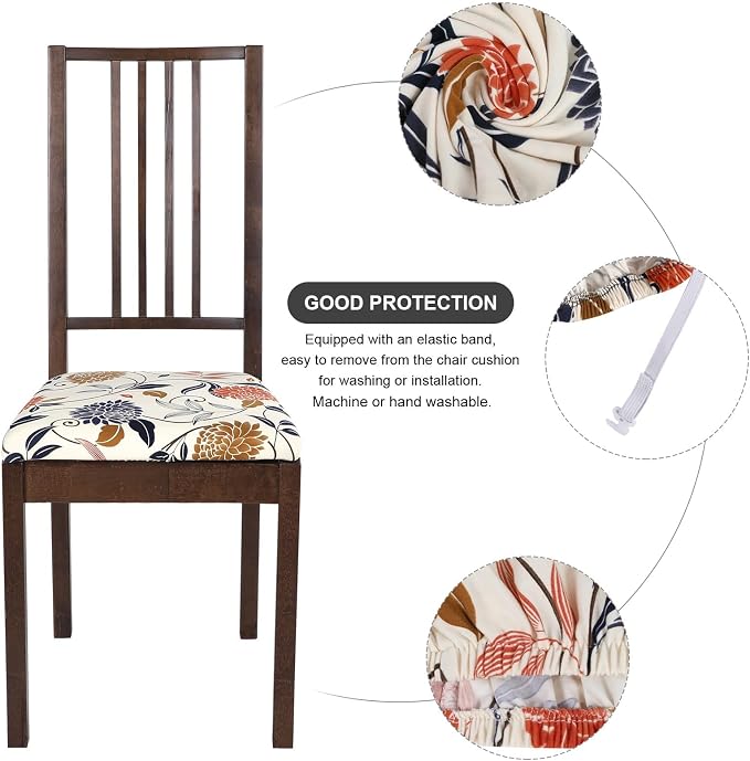 SearchI Seat Covers for Dining Room Chairs Stretch Printed Chair Seat Covers Set of 8, Removable Washable Upholstered Chair Seat Protector Cushion Slipcovers for Kitchen, Office(Flowers Pattern)