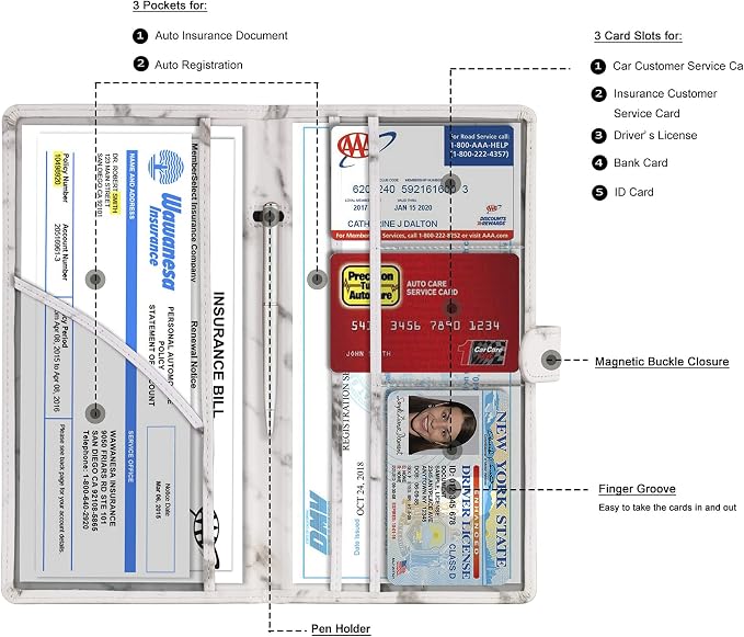 TOURSUIT Car Registration and Insurance Card Holder, Marble Grey | Vehicle License Document Organizer, Glove Box Compartment, Interior Car Accessories, For Women Men