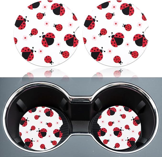 2 Pack Ladybug Car Coasters for Women Car Cup Holder Coasters, 2.63 Inch Anti Slip Ceramic Absorbent Coaster with Cork Base and Finger Notch, Cute Car Accessories Interior