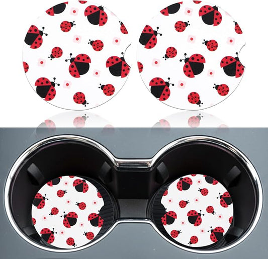 2 Pack Ladybug Car Coasters for Women Car Cup Holder Coasters, 2.63 Inch Anti Slip Ceramic Absorbent Coaster with Cork Base and Finger Notch, Cute Car Accessories Interior