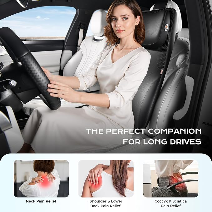 Coverado 2-in-1 Lumbar Support with Car Headrest Pillow, Adjustable-Height Velcro Design Car Neck Support Pillow for Driving Seat, Ergonomic Memory Foam Car Back Support Pillow for Pain Relief, Black