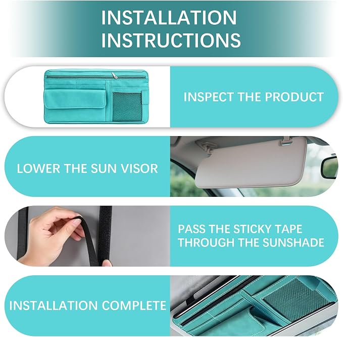 Car Sun Visor Organizer, Visor Accessories, Leather Sunvisor Pocket Organizer Case with Multi-Pocket Net Zipper, Waterproof Auto Sunshade Organizer Bag for Card Pen Sunglasses Document (Blue)