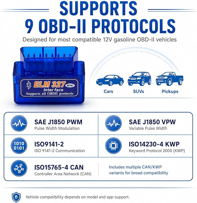 OBD2 Scanner Bluetooth 5.1 Adapter for iPhone & Android, OBDII Car Diagnostic Code Reader for 12V Gas Cars, Check Engine Light Reader with Live Data, VIN, RPM, Coolant Temp, YMOBD App