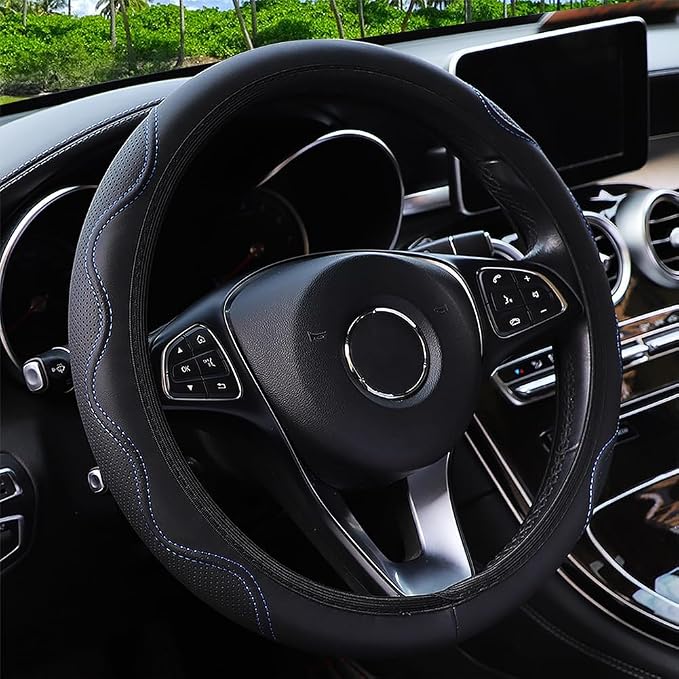 Elastic Steering Wheel Cover Black and Blue Universal 14-15 inch | Leather Car Steering Wheel Covers Stretch Microfiber Breathable Anti-Slip Car Accessories Fit for Suvs, Vans, Trucks