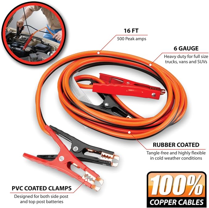 Performance Tool W1668 6GA 16 ft. Battery Jumper Cables - Rubber-Coated 100% Copper Cables, Color-Coded Alligator Jaws, Heavy Duty