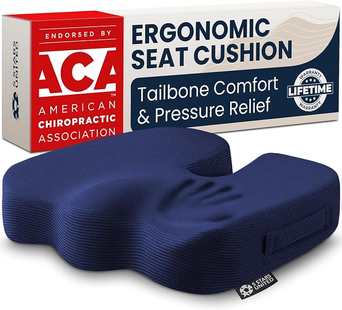 5 STARS UNITED Seat Cushion - Memory Foam Chair Cushion for Tailbone Pain Relief - Ergonomic Support for Coccyx, Sciatica & Butt - Office, Desk & Gaming Chair, Car Seat, Wheelchair, Airplane, Blue