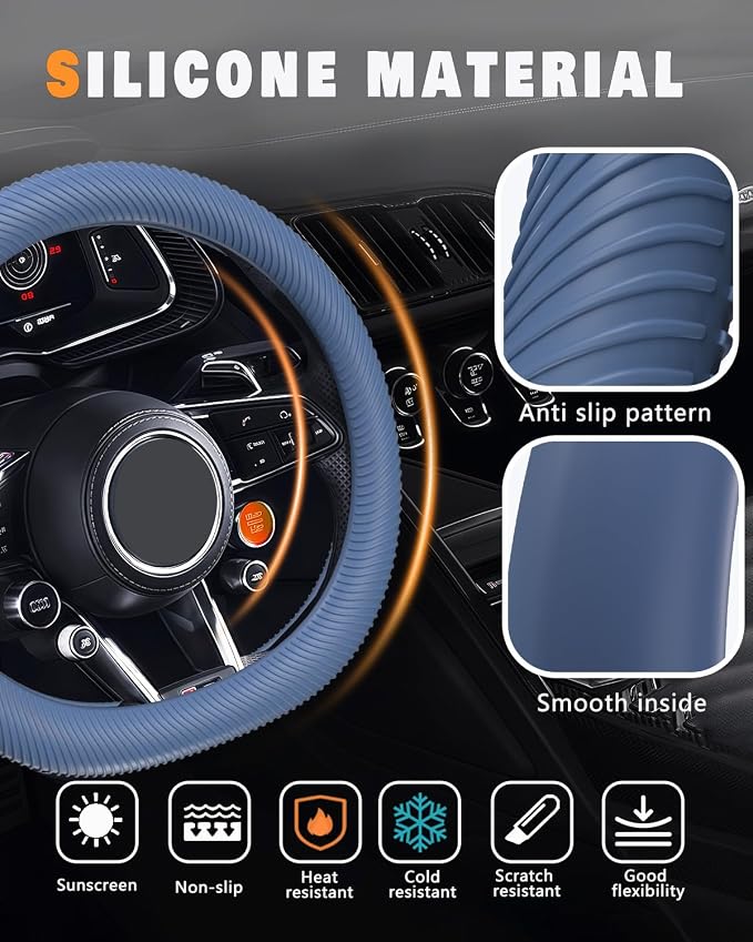 WOCOCN Car Steering Wheel Cover, Thin Anti-Skid Silicone Steering Wheel Cover for Men & Women, Universal Automotive Interior Accessories for Most Cars (Dark Blue)