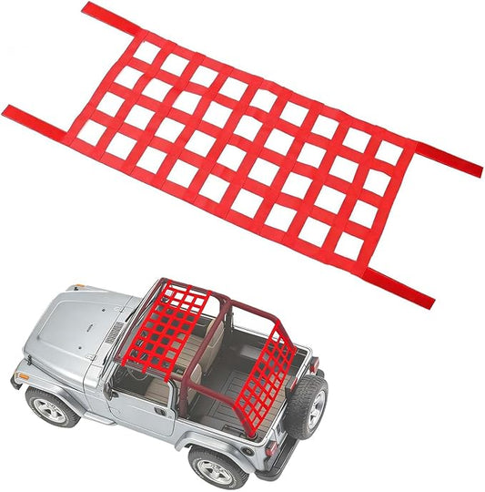 Red for Jeep Hammock & Cargo Net, Compatible for 1987-2024 Jeep Wrangler | YJ TJ JK JL LJ JKU JLU JT & Gladiator JT, High-Visibility Nylon for Jeep Hammock, Car Ceiling Cargo Net Overhead Storage
