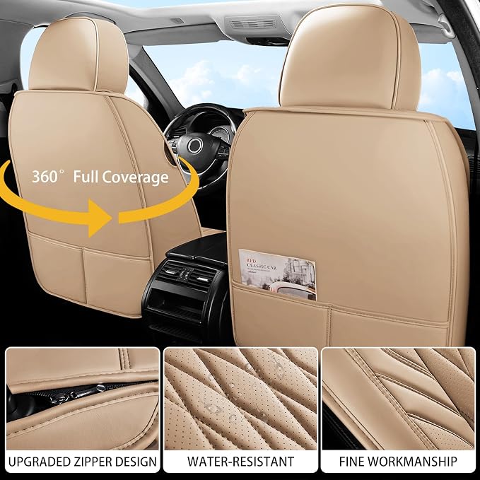 WELLDO Nappa Faux Leather Car Seat Covers Full Set, Beige | Waterproof, Non-Slip Seat Protector, 0.28in Thickened Cushion, Airbag Compatible, Universal for Cars SUV Truck Pickup