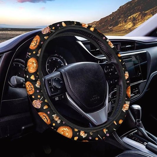 Wanyint Car Steering Wheel Cover Universal 15 Inch Anti-Slip Neoprene Auto Steering Wheel Protector Halloween Car Accessories Decor for Women Men, Pumpkin Candy