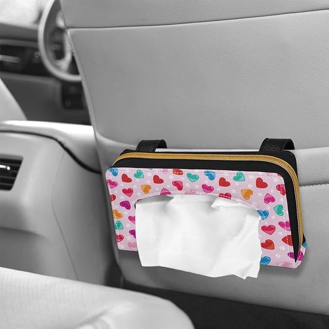 Colorful Hearts Tissue Box Holder Car Visor Tissue Holder PU Leather Sun Visor Napkin, Mask Dispenser Car Visor Accessories Decoration for Women Girls