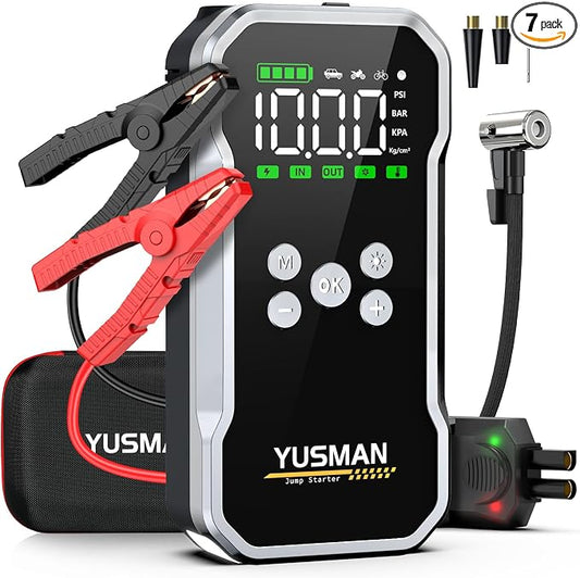 Jump Starter with Air Compressor, 8000A 160PSI Battery Booster Pack | For 12V vehicles, 10.0L gas and 7.0L diesel, with display, smart clamps, tire inflator, 2 USB-A ports, and 2 LED lights