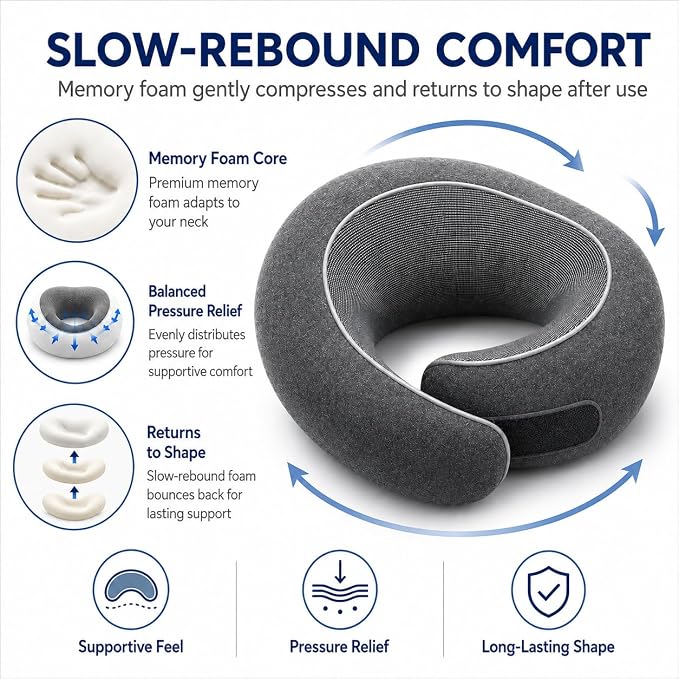 Travel Neck Pillow for Airplanes, Pure Memory Foam Neck Pillow with Washable Cover and Storage Bag, Ergonomic 360° Support for Sleeping, Car, Office, Home, Black