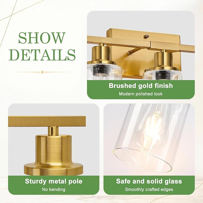 MOKATNG 5-Light Bathroom Light Fixtures, Vanity Light with Clear Glass Shades, Brushed Gold Bathroom Light Fixtures Over Mirror, Modern Bathroom Wall Lamp for Mirror Living Room Cabinet Bedroom