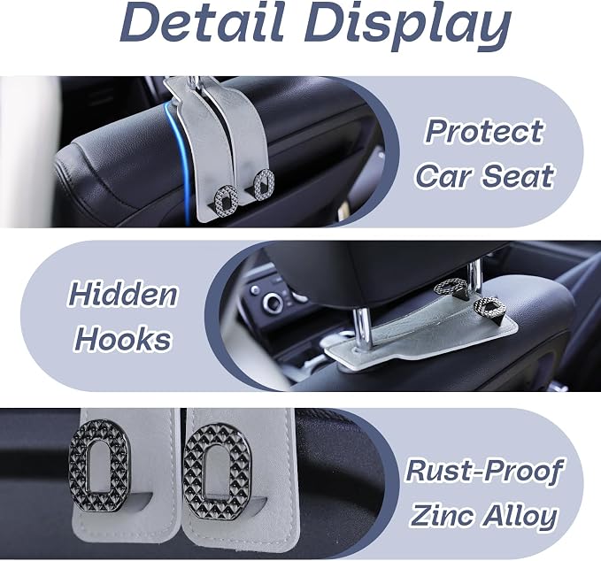 Car Headrest Hooks Universal Car Purse Hook Premium Leather and Alloy Twin Hook Car Seat Back Storage Hanger Hook for Purse Bags Cloth Drink Durable Holder Car Accessories (BH09-Grey-Black-4 Pack)