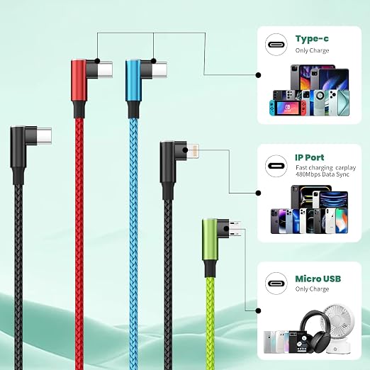 Travel Vacation Essentials USB C Multi Charging Cable, Right Angle 4 in 1 Charging Cable, Phone Charger Cords with IP/Type C/Type C/Micro Port, Compatible with Most Cell Phones and More（1Pack 5FT）