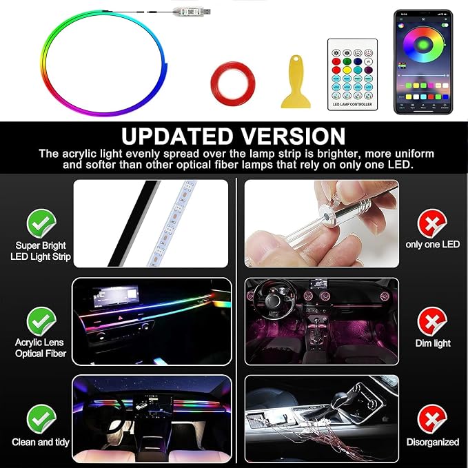 Ambient Lighting Car Led Lights Interior,43.3in USB RGB Dreamcolor Acrylic Neon Flexible Strip Fiber Optic LED Ambient Lighting Kits with Remote APP, RGB Music Lights Sync for Inside car Decorations