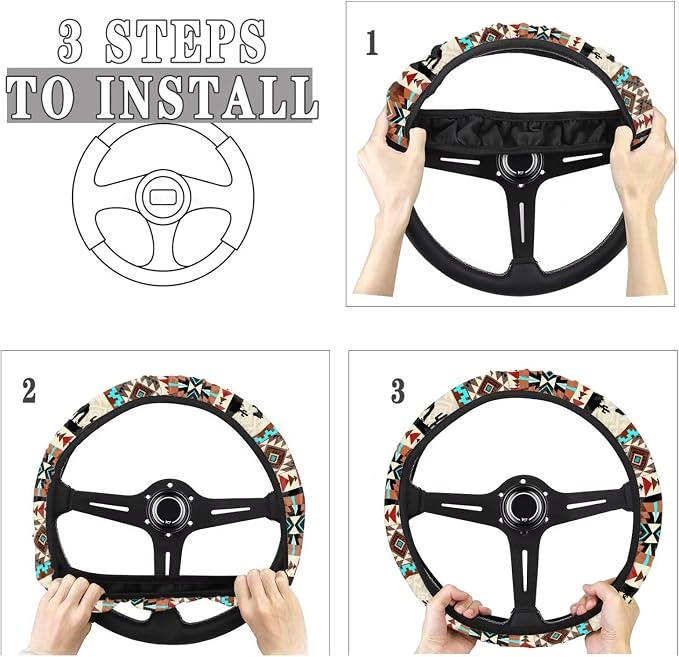 Wanyint Car Steering Wheel Cover, 15 Inch Soft Breathable Steering Wheel Protector for Women Men, Universal Fit for SUV Sedan Van Truck, Aztec Horse Cowboy Cactus