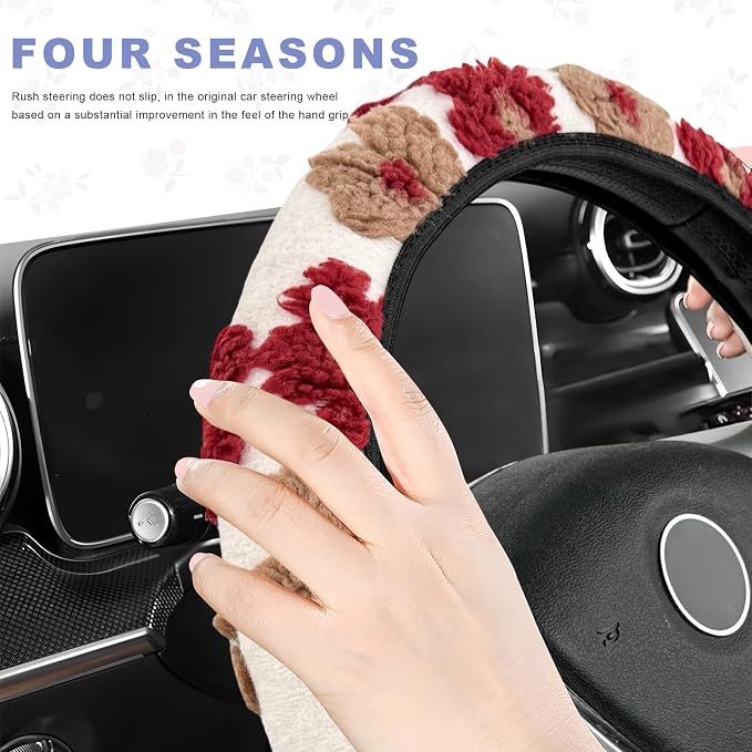 Plush Flowers Steering Wheel Cover, 15 inch Anti-Slip Breathable Steering Wheel Protector Cute Floral Decor, Elastic Soft Wheel Cover Universal Fit for Most Vehicles (Wine Red)