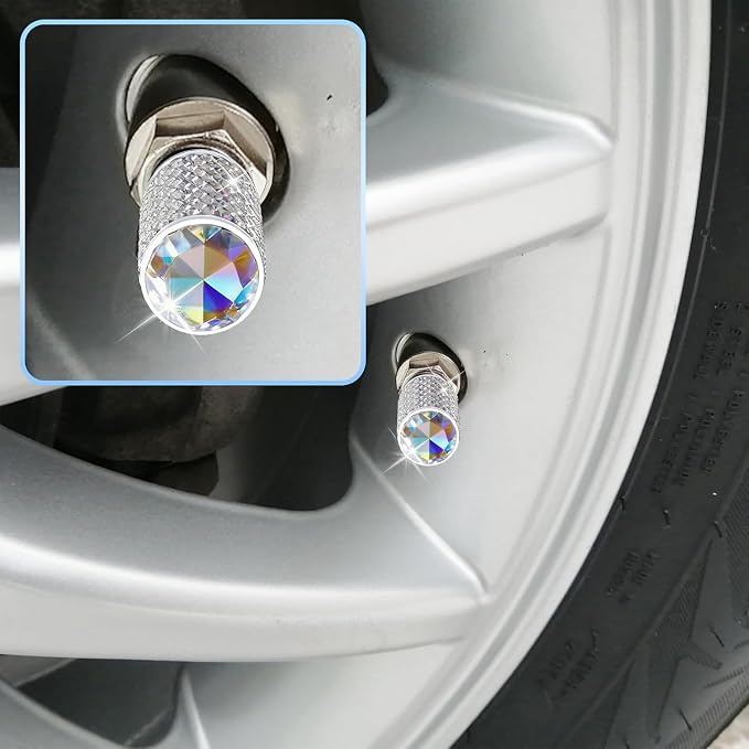 BFXM 4Pcs Car Tire Valve Stem Caps, Bling Tire Air Cap for Car, Car Accessories for Women Universal Stem Covers, Anodized Aluminum Tires Valve Cap with O Rubber Ring, Crystal Diamond