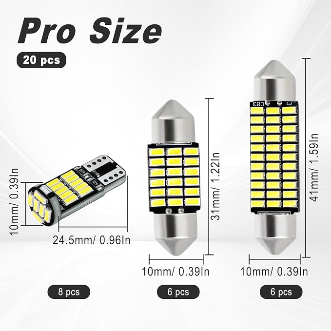 20 PCS Car LED Lights Interior Bulb Kit Set, T10 31mm 41mm LED Dome Lights Interior Replacement for Car Map, License Plate, Door, Side Marker, Cornering & Trunk Bulbs (Cool White)