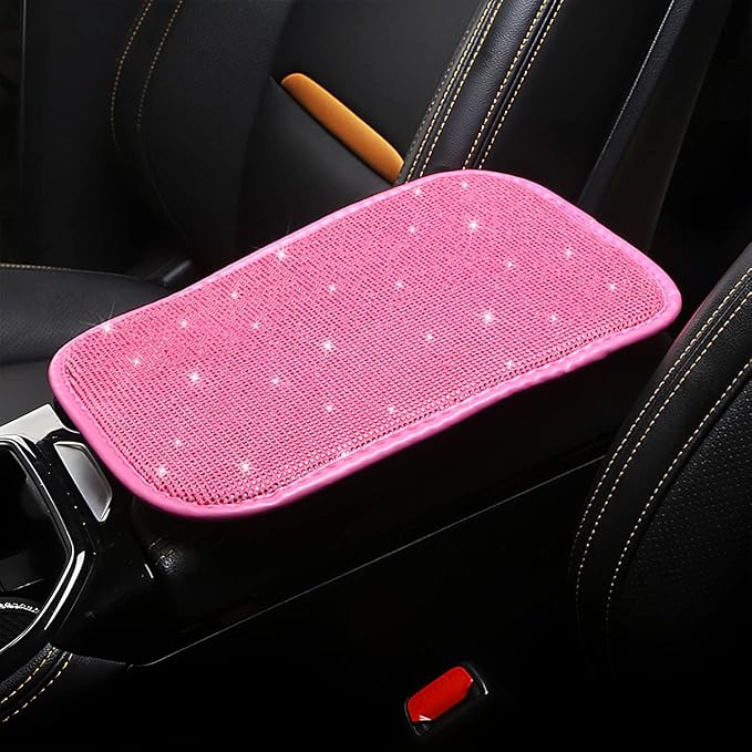 Bling Center Console Cover, Diamond Fashion ArmRest Pad, Crystal Soft Arm Rest Protective Cushion, Car Accessories for Women Girls, 11.8"×8.5" for Most of Vehicles, SUVs, Trucks (Rose Red)