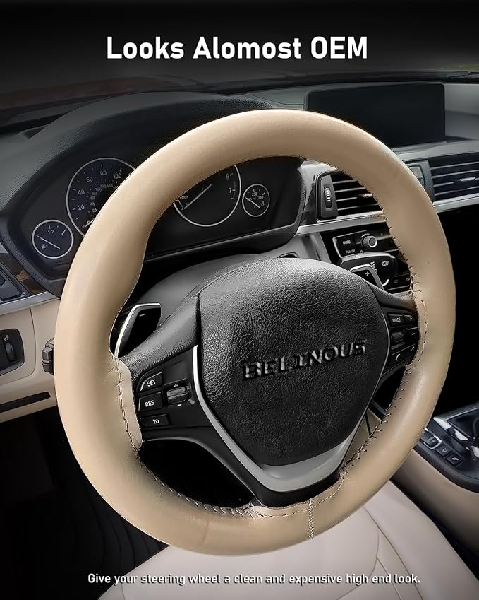 BELINOUS Leather Steering Wheel Cover Lace Up, Stitch on Steering Wheel Wrap, Universal Fit 13-20 Inch Car Truck Pickup Boat, A Whole Piece of Cowhide, DIY w/Needle Thread (Size M3, Light Beige)