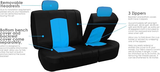 FH Group Automotive Seat Cover Highest Grade Faux Leather Blue Black Full Set, Combo Car Seat Cover Design Airbag Compatible Split Bench Tan Car Seat Cover Interior Accessories Universal Fit SUV