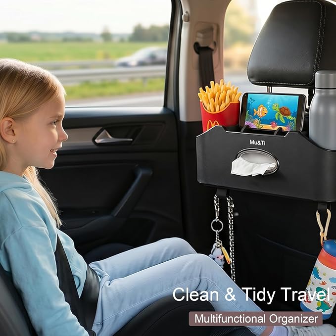 Mu&Ti Back Seat Car Organizer with Cup Holders Tissue Box Holder, Phone Stand and Hooks Multifunctional 4 in 1(Beige)