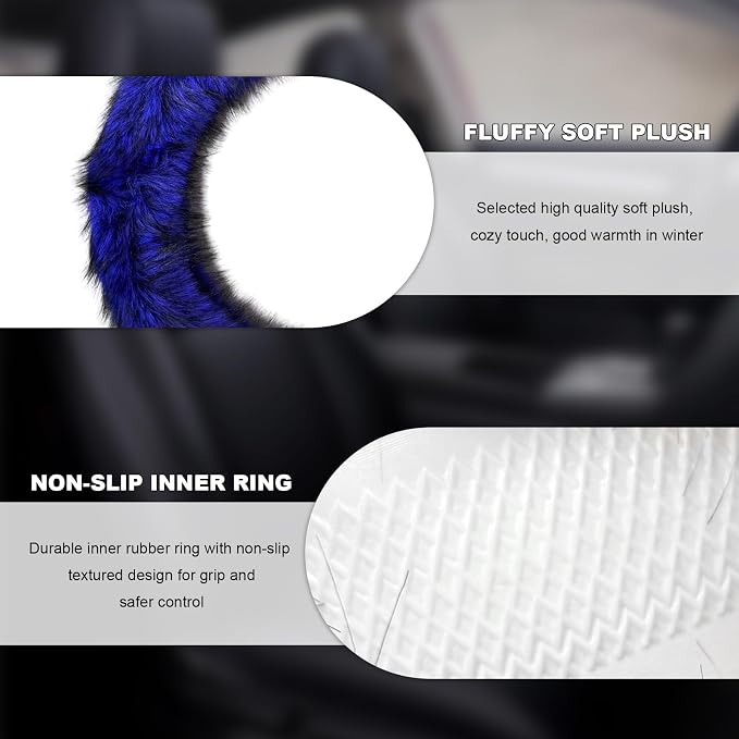 Fluffy Steering Wheel Cover, 15 Inch Anti-Slip Microfiber Plush Fuzzy Steering Wheel Cover, Winter Warm Elastic Fuzzy Steering Wheel Covers for Women and Men, Car Accessories (Blue)