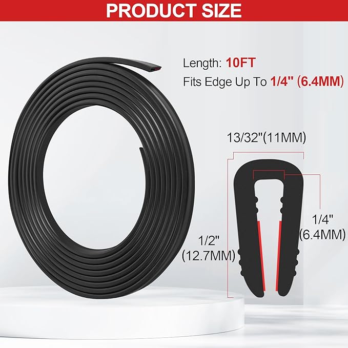 ToLanbbt Rubber Edge Trim U Channel - 1/4" Self Adhesive Sheet Metal Edge Guard Protector, EPDM Seal Strip for Car Doors, Steel Plates, Glass, Hatches, Table Corners, Fit 1/4"(6.4mm), 10Ft, Black