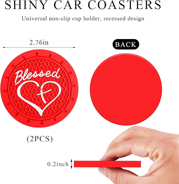 KVAEY 2 PCS Car Cup Holder Coasters, 2.76 Inch Anti Slip Vehicle Drink Mats with Cute Blessed Cross and Heart, Shockproof, Universal Car Accessories (Red, 2 PCS)
