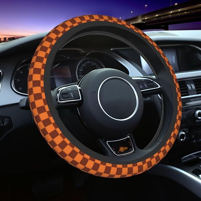 Checkered Brown Steering Wheel Cover - Brown Checkered Steering Wheel Cover Anti-Slip Breathable for 15 in Universal 2 Pcs Car Interior Cup Holder Pad for Men Women