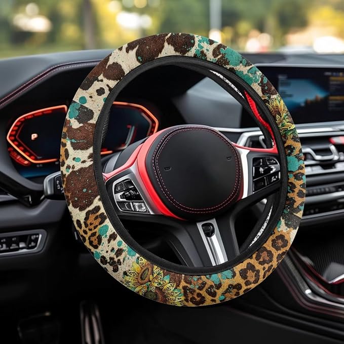 AFPANQZ Universal Steering Wheel Cover with Elastic Edge for Women 14-15 in | Leopard Print Sunflower, Breathable Steering Wheel Protector for Cars Interior Accessories
