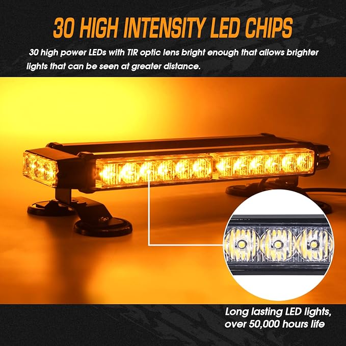 LINKITOM LED Strobe Flashing Light Bar -Aluminum Double Side Amber 30 LED Emergency Hazard Warning Flashing Beacon Strobe Lights with Magnetic Base for Roof Safety Construction Vehicles Tow Trucks