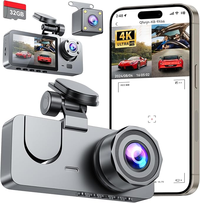 Dash Cam Front and Rear Inside 3 Channel, 4K Full UHD Dash Camera for Cars Built-in 32GB Card with IR Night Vision, 24 Hours Recording, Loop Recording, G-Sensor (Black)
