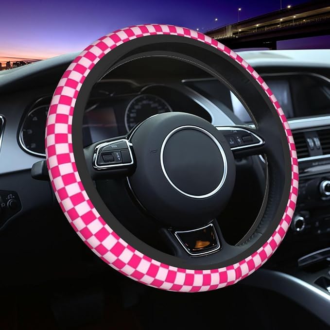 Pink Checkered Steering Wheel Cover - Pink Checkered Steering Wheel Cover Anti-Slip Breathable for 15 in Universal 2 Pcs Car Interior Cup Holder Pad for Men Women