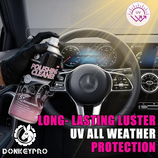 DONKEYPRO Polishing Cleaner, Car Interior Cleaner - Repels Dust & Staining, Restores & Protects Plastic, Vinyl, Leather Seats - UV Guard, Anti-Aging, Interior Detailer Spray with Iron Can(2 x 15oz)