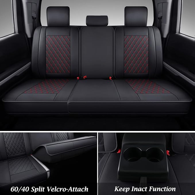 Coverado Toyota Tundra Seat Covers, Leather Car Seat Covers Full Set Automotive Seat Covers Protector Compatible with 2007-2021 Toyota Tundra Crew/Crewmax/Extended/Double Cab(Red)