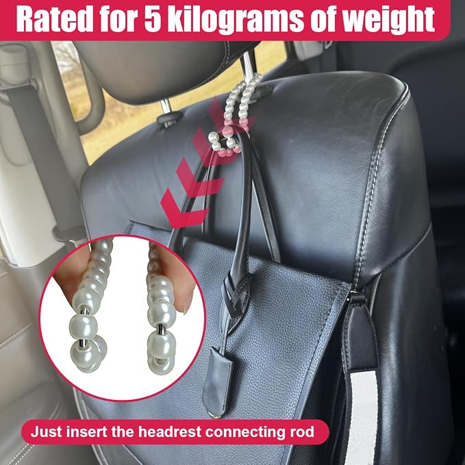 Elegant Pearl Car Seat Headrest Hook, Cute Automotive Seat Back Storage Hangers, Handbag & Purse Organizer Hook, Universal Vehicle Interior Decoration Accessories for Women Girls(2PCS)