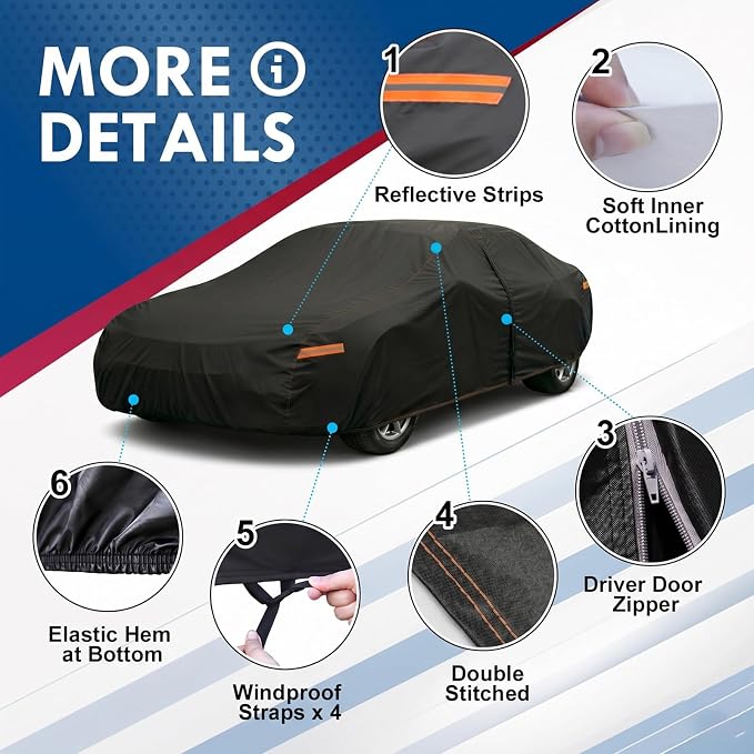 6 Layer Car Cover Universal Fit for Dodge Charger Challenger, Chevy Nova, Pontiac Firebird/Trans Am, Ford Taurus, etc. Fits Coupe/Sedan up to 202 Inch
