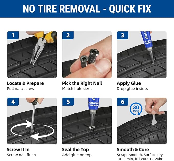 AUTOWN 47PCS Tire Repair Rubber Nail Kit - Complete Screw Plug Kit with Glue, Fast Fix for Flat Tires on Car, Truck, Motorcycle, SUV & More