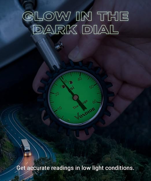 Tire Pressure Gauge - (0-60 PSI) Heavy Duty, Certified ANSI Accurate with Large 2 Inch Easy to Read Glow Dial, Low - High Air Pressure Gauge. Tire Gauge for Car and Trucks Tires by Vondior