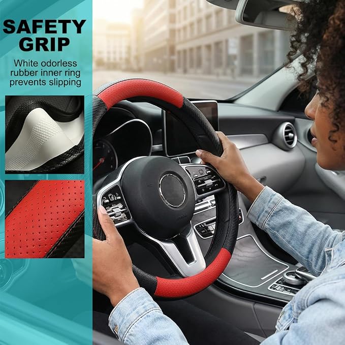 Car Steering Wheel Cover, Breathable Carbon Fiber Vehicle Steering Wheel Protector with Anti-Slip Lining, Automotive Interior Accessories, Universal for SUV RV Truck (Black Red)