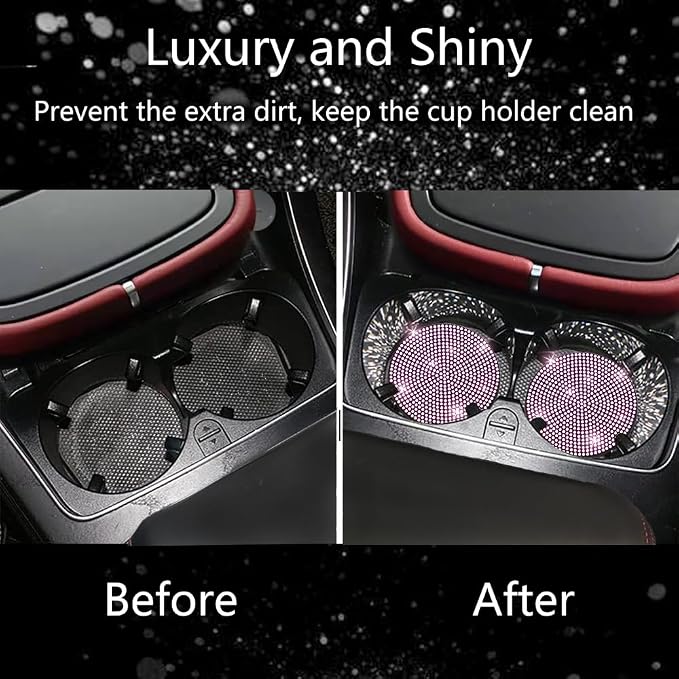 NBTEPEM 2pcs Bling Car Cup Holder Coaster, 2.75 inch Anti-Slip Shockproof Universal Fashion Car Coasters Insert Bling Crystal Rhinestone Automotive Interior Accessories for Women (2 pcs, Pink)