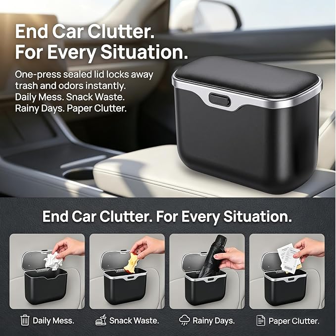 Car Trash Can with Lid, Leakproof Auto Garbage Bin, Hanging Mini Vehicle Trash Bin, Essentials Interior Car Accessories for Organizer, Vehicle Garbage Can for SUV, Truck, Auto (Black)