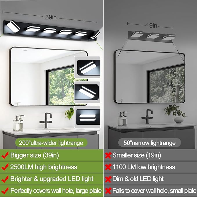 Torondo 360° Rotate LED Bathroom Vanity Light Fixtures, Acrylic Vanity Lights for Bathroom, Modern Wall Lighting Fixtures Over Mirror Living, Matte Black, Natural White, 6-Light, 39-Inch