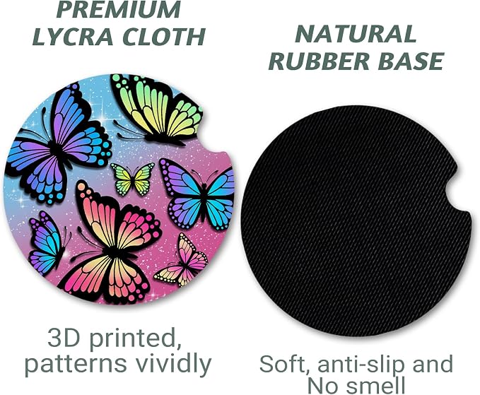 Yonlevres Car Coasters for Cup Holders，2.75" Anti Slip Rubber Mat with A Finger Notch, 2 Pack Car Cup Holder Coasters for Car Interior Accessories for Women Men Butterfly