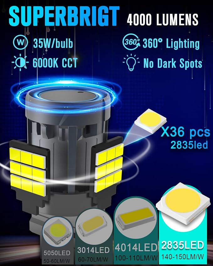 Canbus 3156 3157 LED Bulb With Built in Resistor for Backup Reverse Lights, 6000K White 3057 4157 LED Brake Bulb Error Free,4114 Daytime Running Light(2pcs)