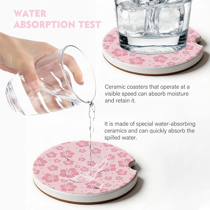 2 Pack Car Coasters for Cup Holders, Absorbent Ceramic Cup Coaster with Cork Base and Finger Notch, Cute Car Accessories Interior for Women Men